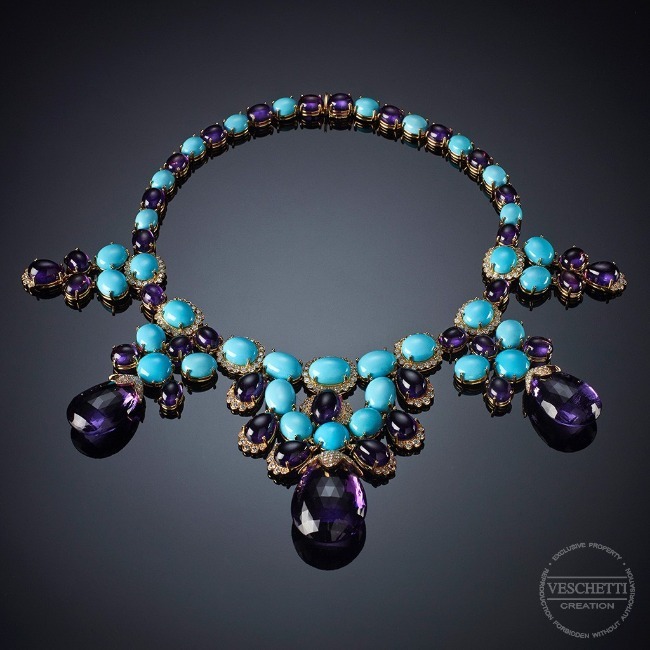 Turquoises,amethysts and diamonds necklace LAURA