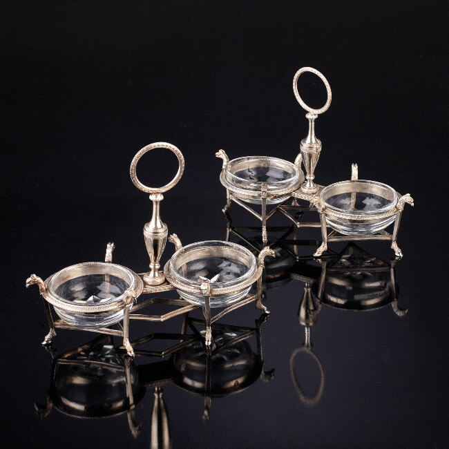 Silver and crystal salt cellar set A salt cellar set