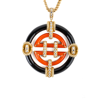 Gold Necklace with black and coral enemal and diamonds