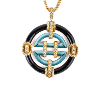 Gold Necklace with black and turquoise enemal and diamonds