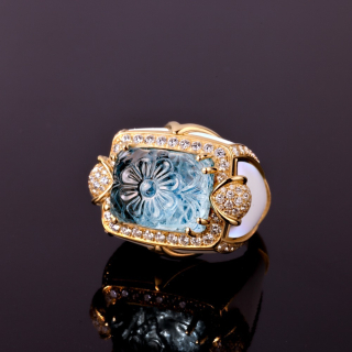 Acqua, Coloured gem, diamond and inlay ring