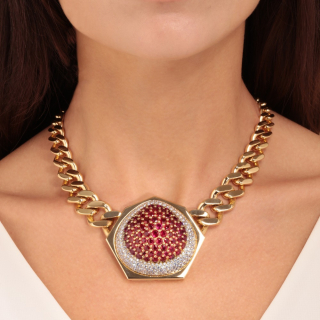 Fragola, gold necklace with pavé ruby and diamond pendant worn