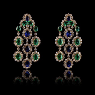 Gold Earrings with emeralds, sapphires, pavé diamonds