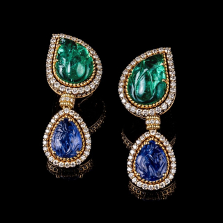 Earrings with emeralds, burmese sapphires, pavé diamonds