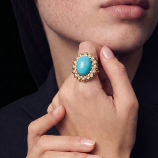Gold Ring with Arizona turquoise and Diamonds worn