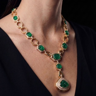 Worn Yellow Gold Necklace with Engraved Emeralds and Diamonds