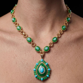 A set of earrings, rings, and necklaces in gold with jade, turquoise, and diamonds, as worn