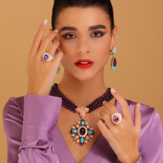 Flora, Coloured gem, diamond and inlay ring