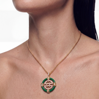 Gold Necklace with pink coral and jade enemal and diamonds worn