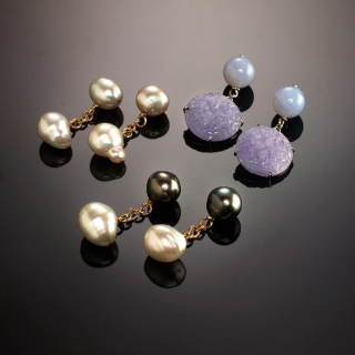 Cufflinks, Cufflinks set with South Sea, Tahiti pearls and carved jade