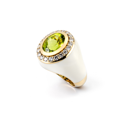 Yellow Gold Ring with white enamel, peridot and diamonds