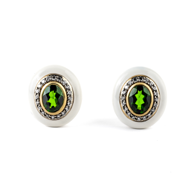 Gold and white enamel earrings with diopside and diamonds