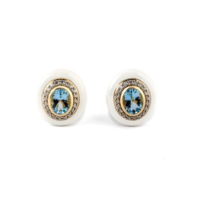 Gold and white enamel earrings with aquamarine and diamonds