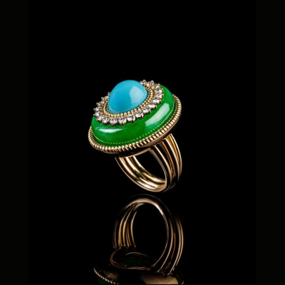 gold ring with jade, turquoise and diamonds