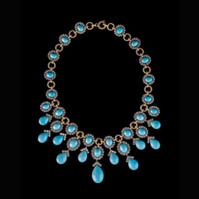 Gold Necklace with Arizona Turquoise and pavé diamonds