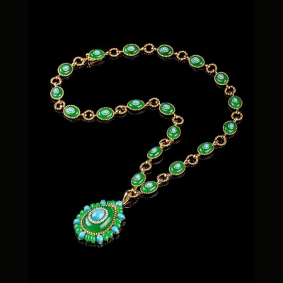Gold necklace with jade, turquoise and diamonds
