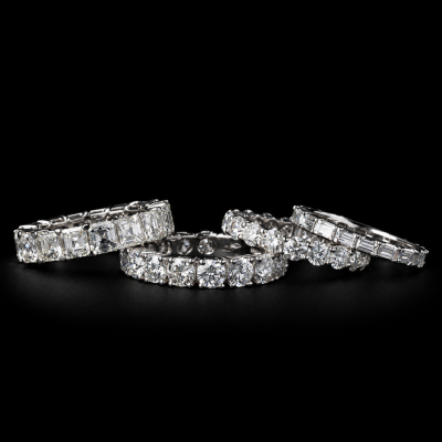 Eternity wedding rings with diamonds in various cuts