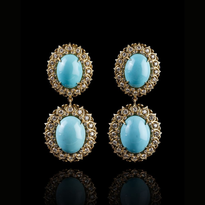 18kt Yellow Gold earrings with turquoises Arizona and Diamonds