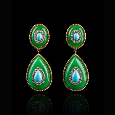 Earrings with turquoise, imperial jade and diamonds