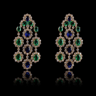 Gold Earrings with emeralds, sapphires, pavé diamonds