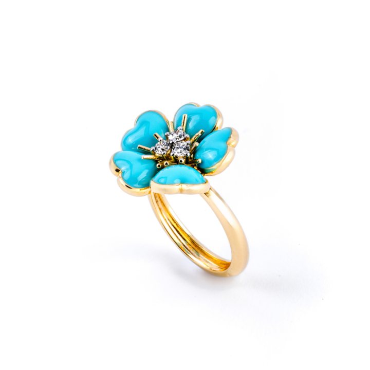 Petit Fleurs , Ring with diamonds and enamel