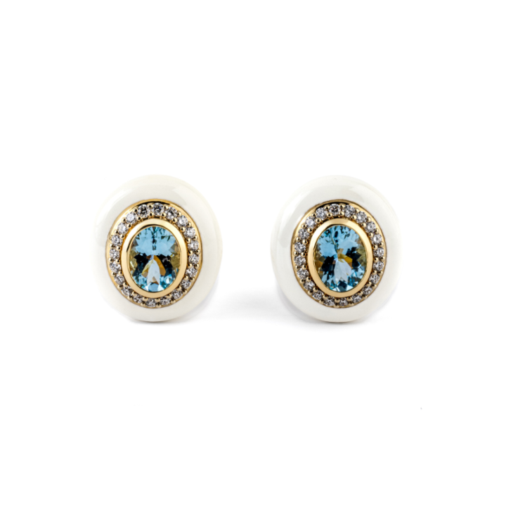 Gold and white enamel earrings with aquamarine and diamonds