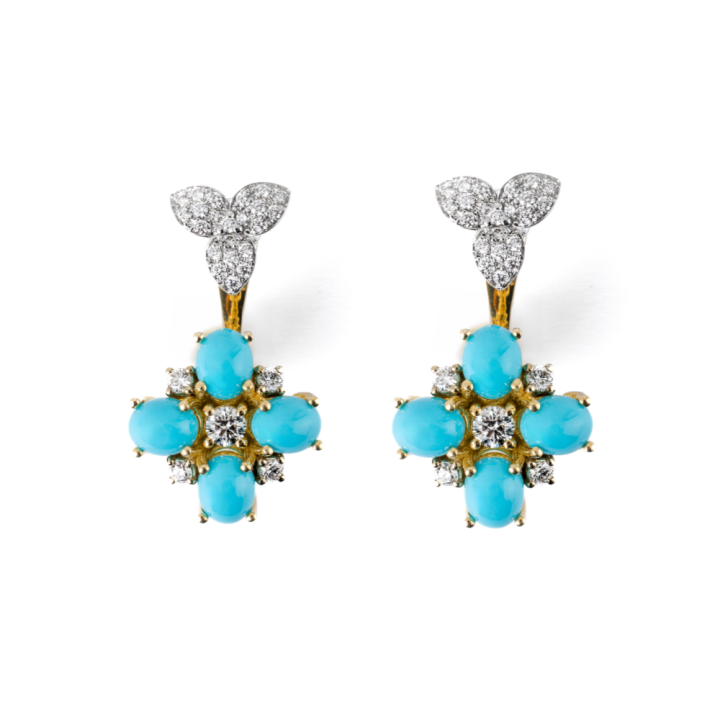 18kt Gold earrings with Arizona turquoises and diamonds