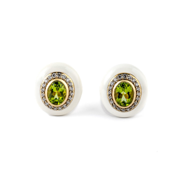 Gold and white enamel earrings with peridot and diamonds