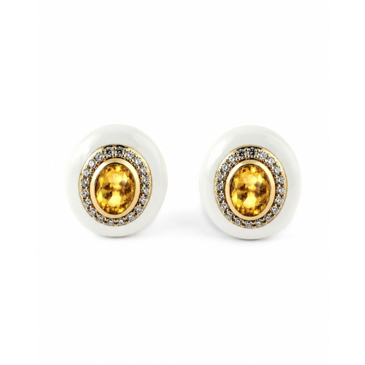 Gold and white enamel earrings with heliodorus and diamonds