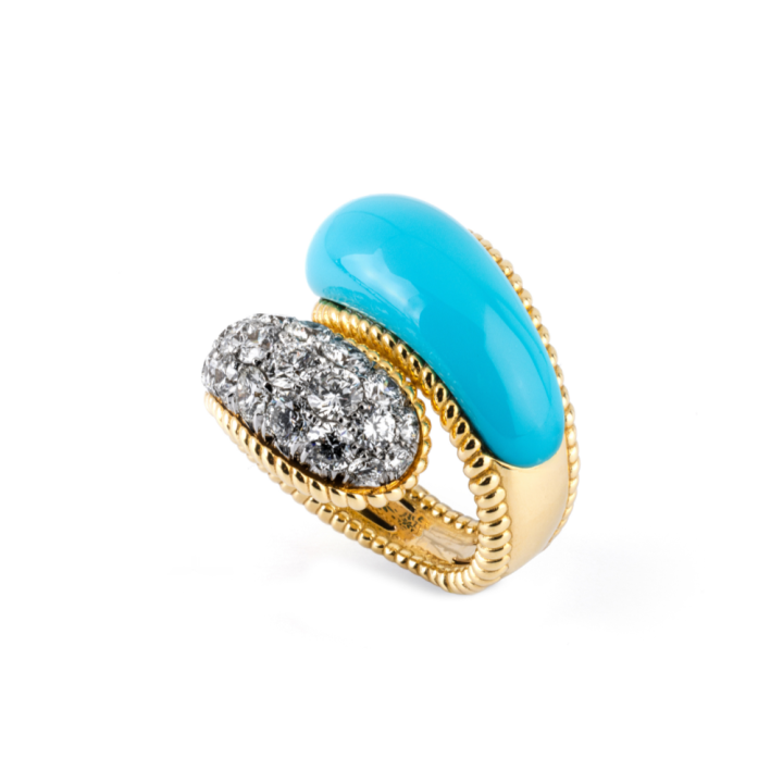 Gold ring with Arizona turquoise and diamonds