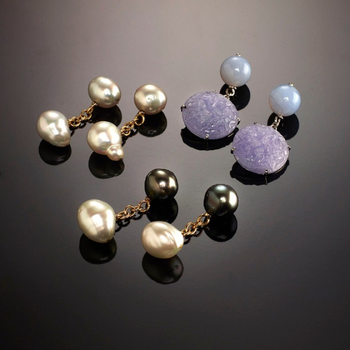 Cufflinks, Cufflinks set with South Sea, Tahiti pearls and carved jade