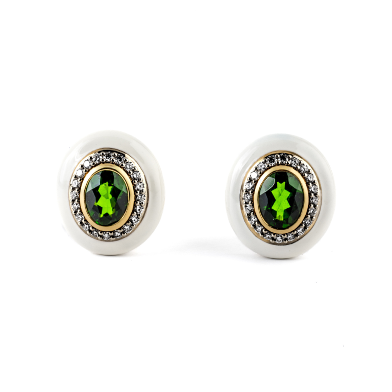 Gold and white enamel earrings with diopside and diamonds