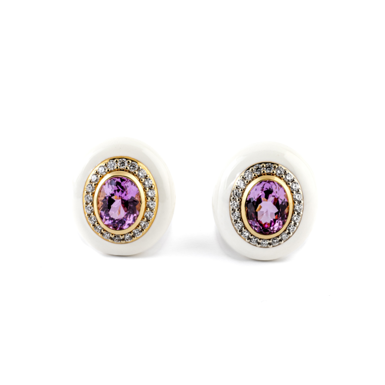 Gold and white enamel earrings with kunzite and diamonds