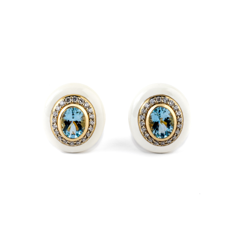 Gold and white enamel earrings with aquamarine and diamonds