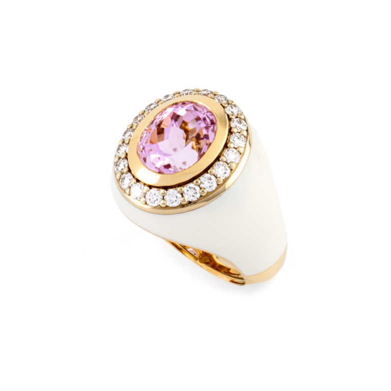 18kt yellow gold ring and white enamel with kunzite and diamonds 