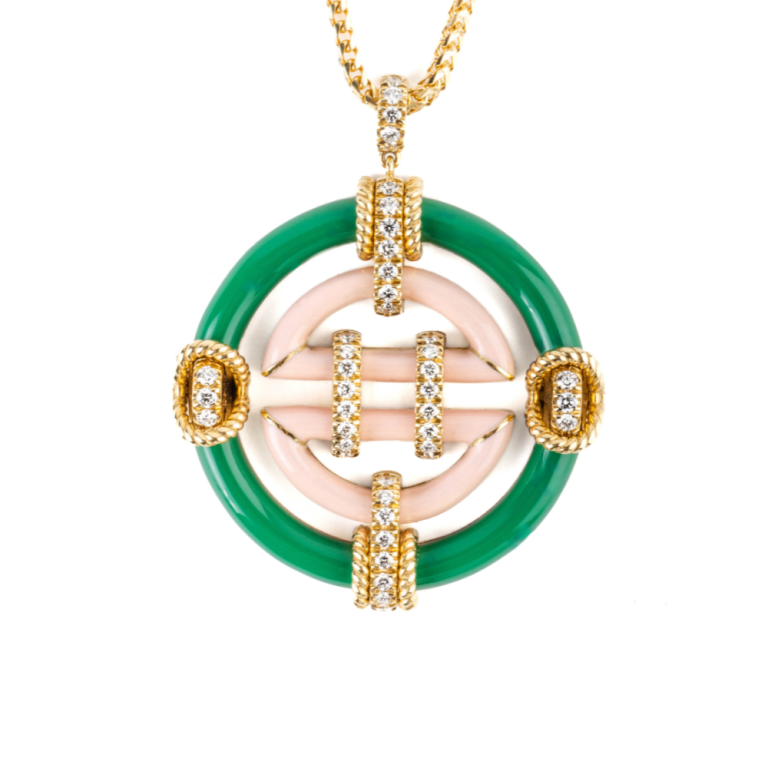 Gold Necklace with pink coral and jade enemal and diamonds