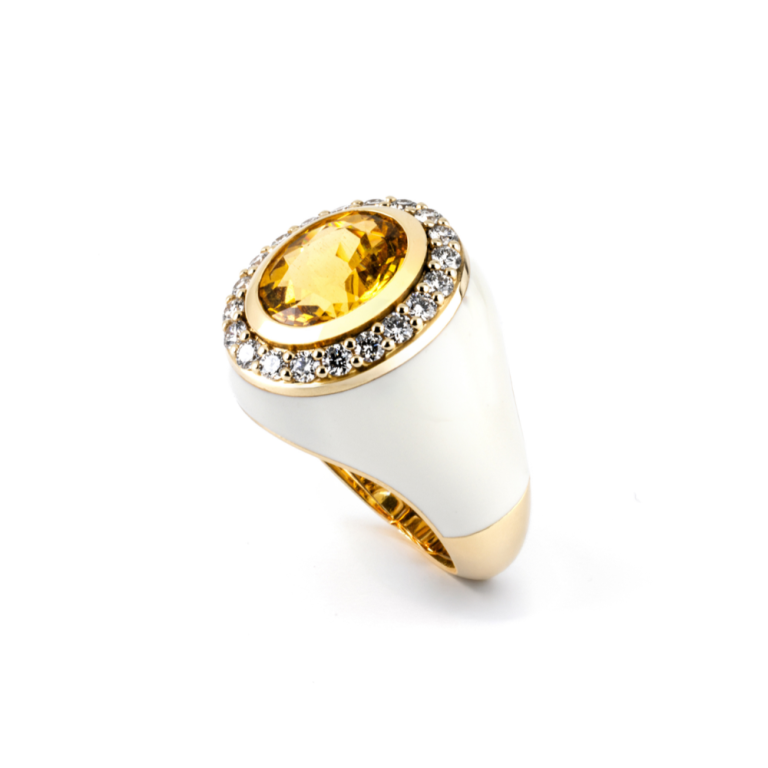 gold and white enamel ring whit heliodorus and diamonds