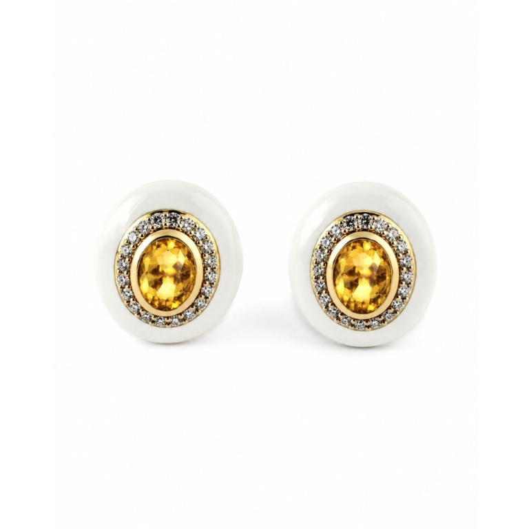 Gold and white enamel earrings with heliodorus and diamonds