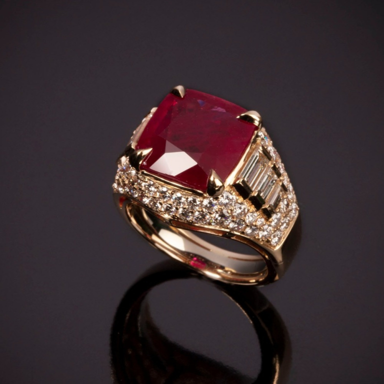 Callas, Burmese cushion ruby and diamond ring