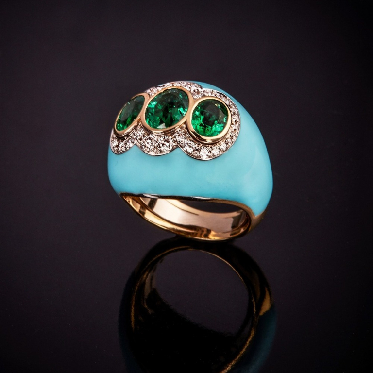 Greta, Coloured gem, diamond and enamel ring