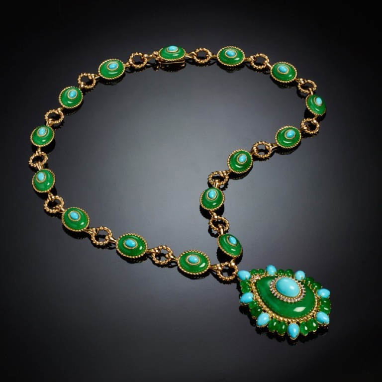 Goccia Di Mare, Jades, turquoises and diamonds sautoir