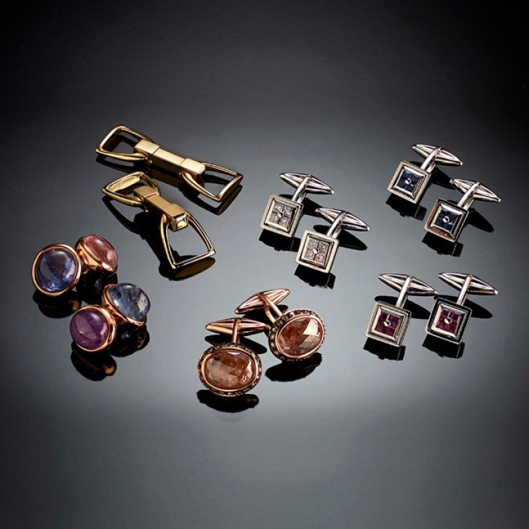 Cufflinks, A selction of rubies, sapphires, diamonds and colored hard stones cuff links